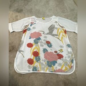 KLING Floral and Crane Print Sheer Top, size L